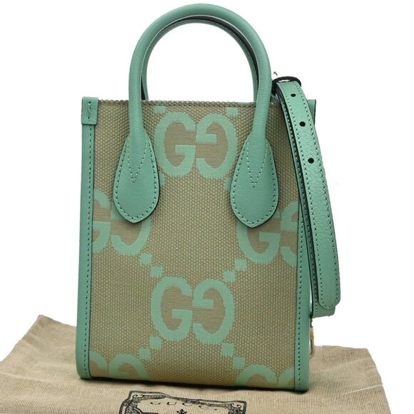 GUCCI Logo Jumbo GG 2Way Mini Shoulder Hand Bag Canvas Green Beige GHW - Picture 1 of 16